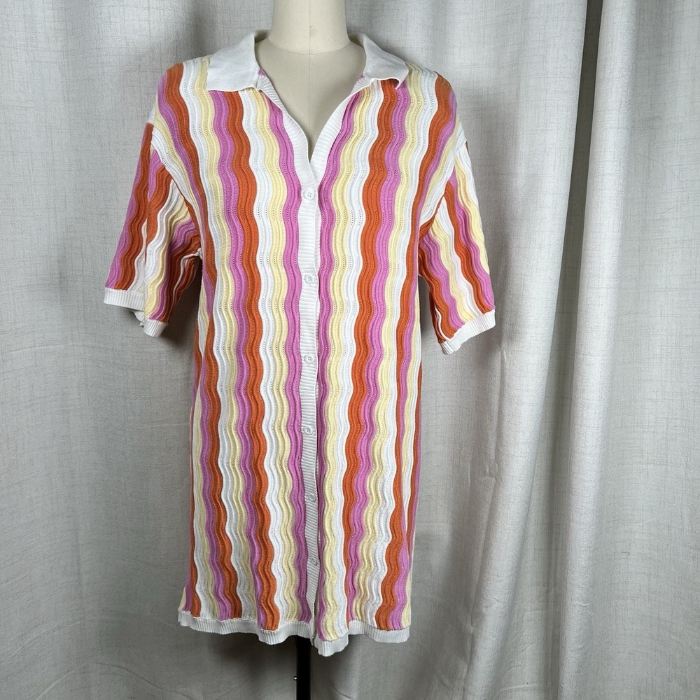 YLLW The Label Felix Knit Mini Striped Shift Summer Collar Dress Sorbet Size M/L